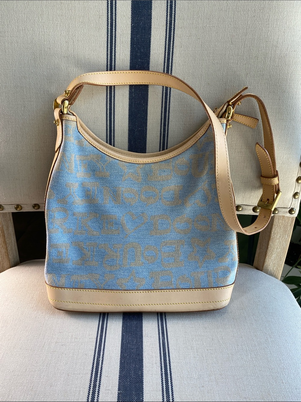 Dooney & Bourke Vintage Light Blue Canvas Shoulder Bag with Beige Leather Trim